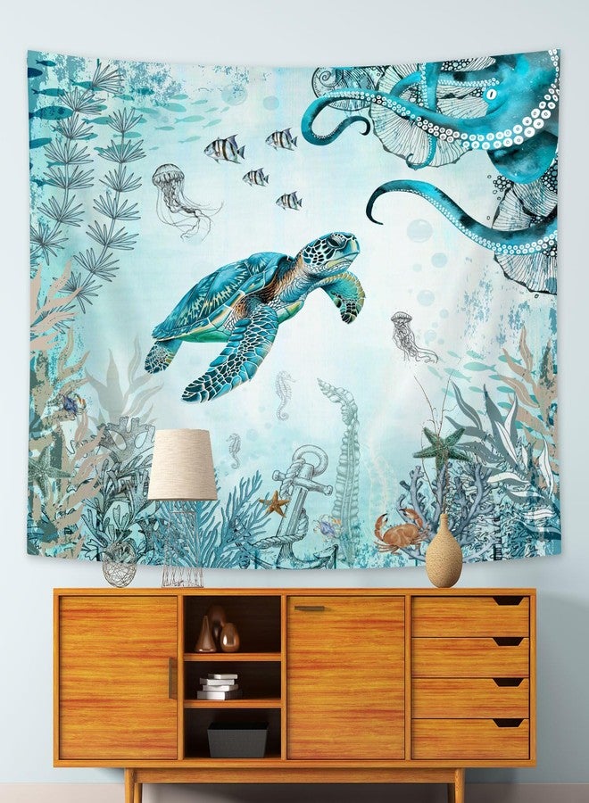 Wathon Sea Turtle Octopus Tapestry Blue Teal Ocean Wall Tapestry for Bedroom, Underwater Animal Seashell Jellyfish Coastal Nautical Tapestries, Sea Wall Art Poster for Dorm Home Decor 60X40IN - Image 5